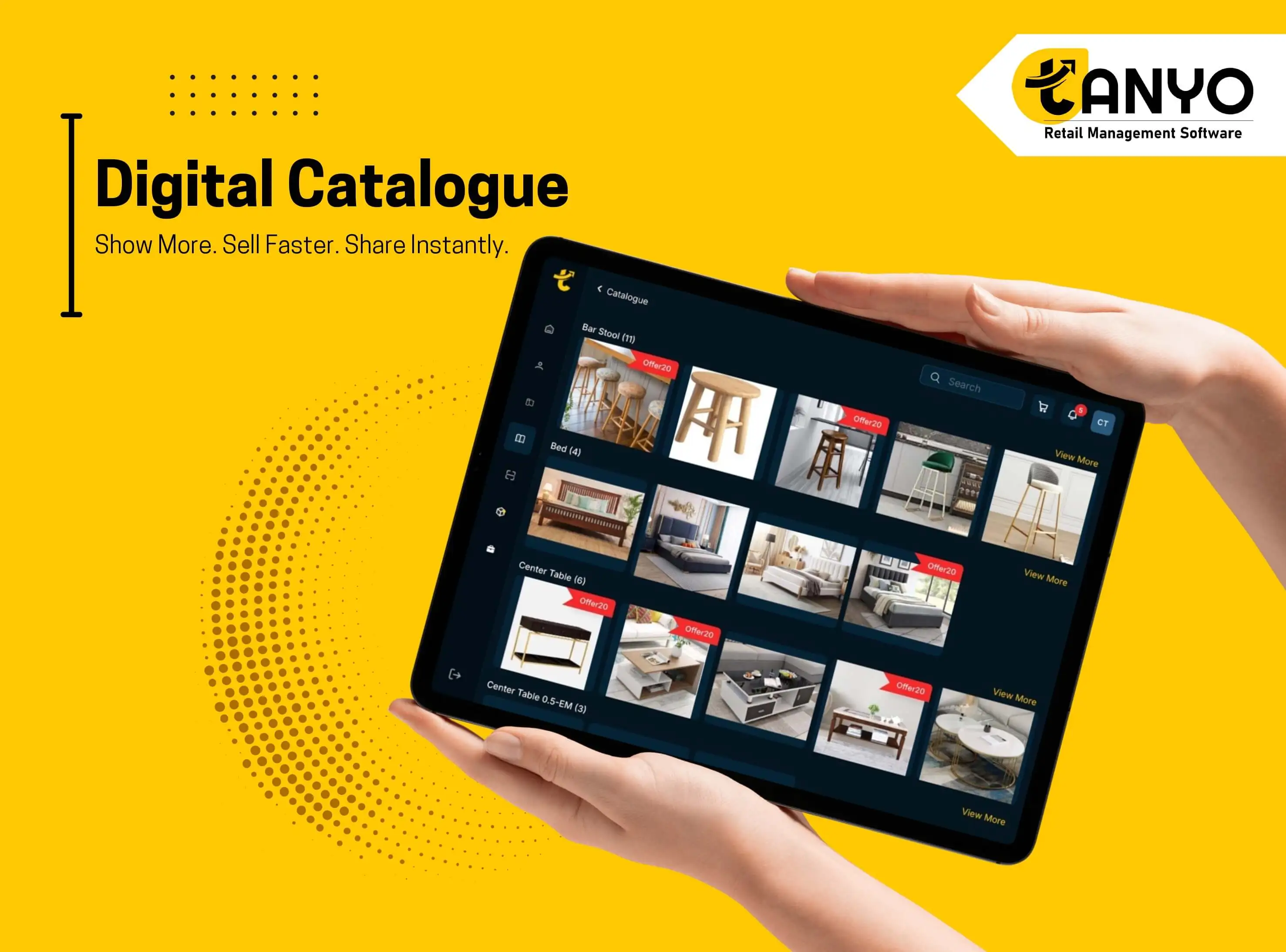 Digital tablet displaying a CRM dashboard for Tanoyo CRM with various business process metrics including inquiries, pending approvals, orders, and complaints, highlighted against a bright yellow background with promotional text.