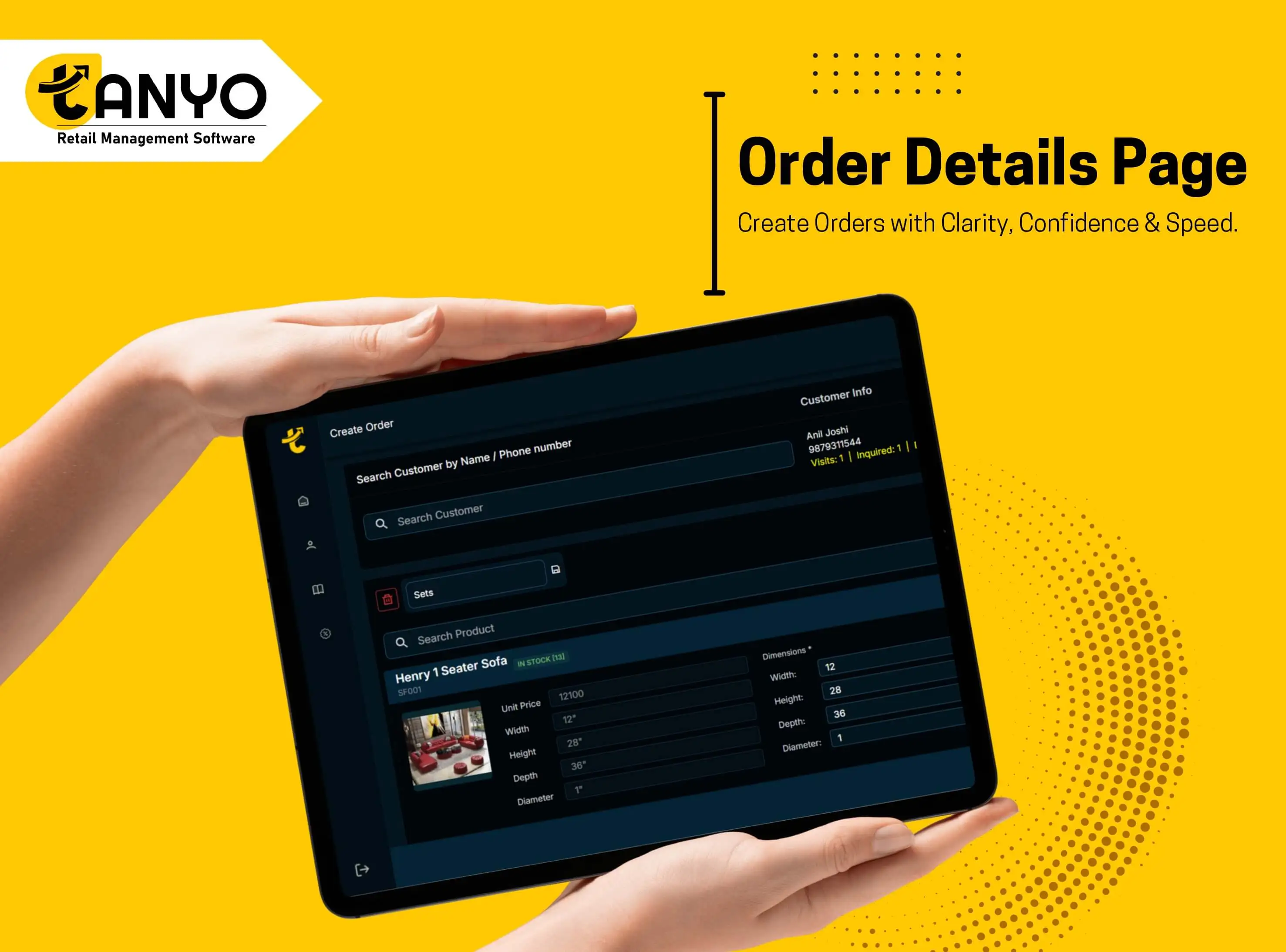 TANYO Retail Management Software new orders create Screen of a digital order creation interface showing a customer profile, product catalog with a stool selected, its details including out of stock status, dimensions, price, and quantity adjustment options, with a subtotal display at the bottom right and a button to review order.