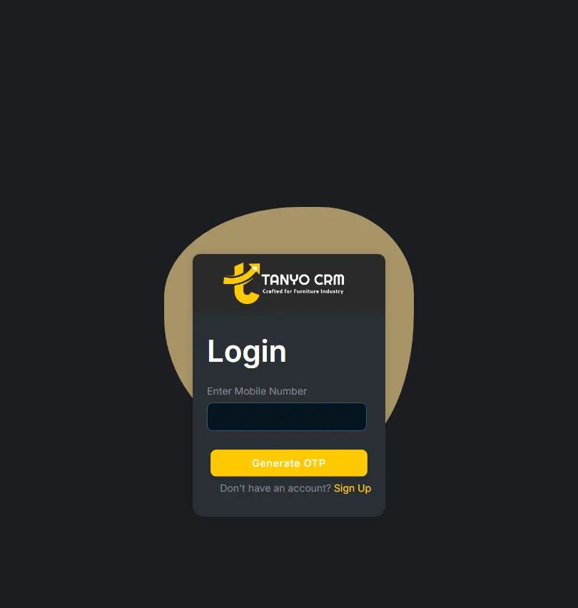 Tanyo CRM ipad login screen with a field to enter mobile number and a button to generate OTP.