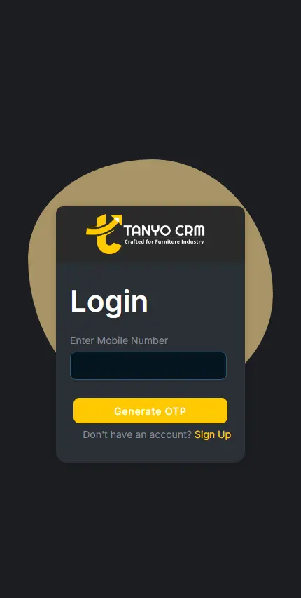 Tanyo CRM ipad login screen with a field to enter mobile number and a button to generate OTP.