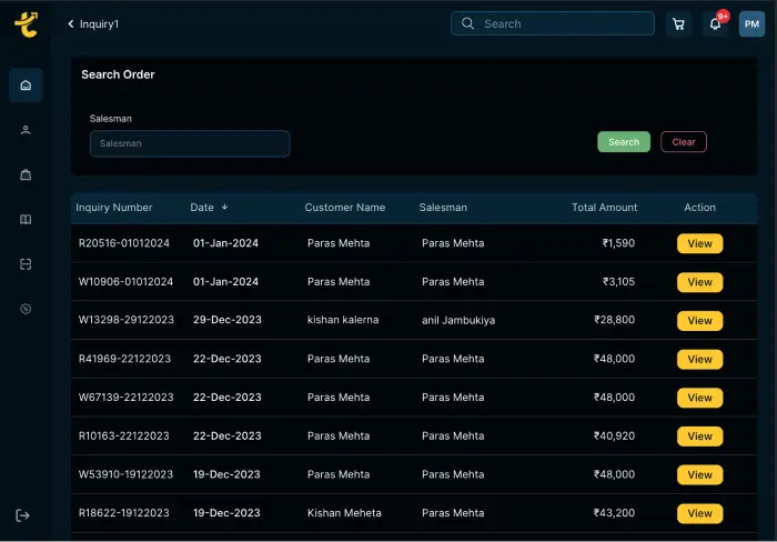 Tanyo CRM new approved orders Screen of a digital CRM dashboard titled 'Inquiry1' displaying a table of sales inquiries with columns for Inquiry Number, Date, Customer Name, Salesman, Total Amount, and an Action button labeled 'View'. The interface includes a search area with an option to filter by Salesman. The data shown dates from 19-Dec-2023 to 01-Jan-2024 with varying total amounts. Colors used are dark blue and yellow accent for the 'View' buttons.