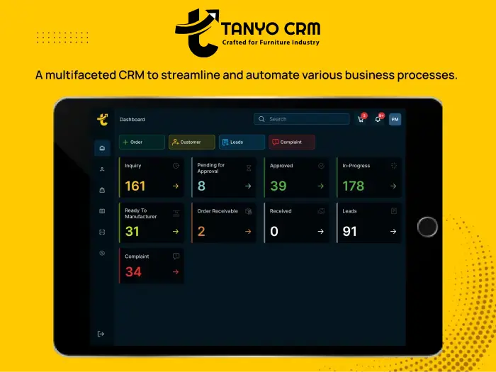 Digital tablet displaying a CRM dashboard for Tanoyo CRM with various business process metrics including inquiries, pending approvals, orders, and complaints, highlighted against a bright yellow background with promotional text.