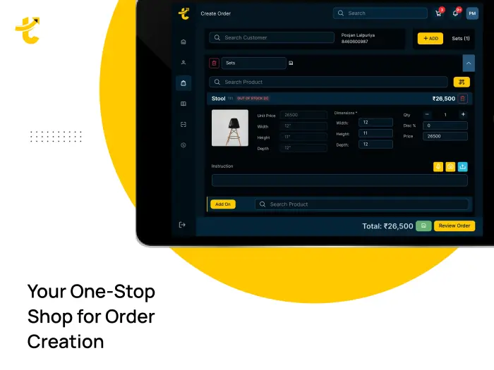 Tanyo CRM new orders create Screen of a digital order creation interface showing a customer profile, product catalog with a stool selected, its details including out of stock status, dimensions, price, and quantity adjustment options, with a subtotal display at the bottom right and a button to review order.