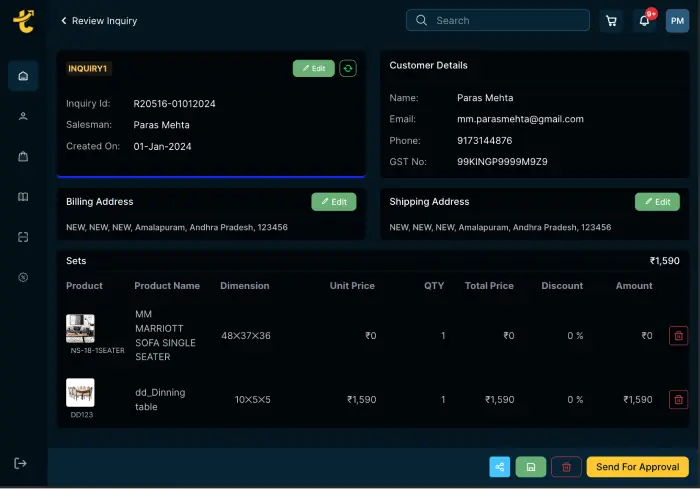 Tanyo CRM new review order Screen of a sales inquiry interface displaying details such as inquiry ID, salesperson's name, and creation date. The interface includes customer and billing details, shipping address, and a list of ordered items with specific details like product name, dimensions, unit price, quantity, and total price. A sidebar contains navigation icons, and there is a 'Send For Approval' button at the bottom.