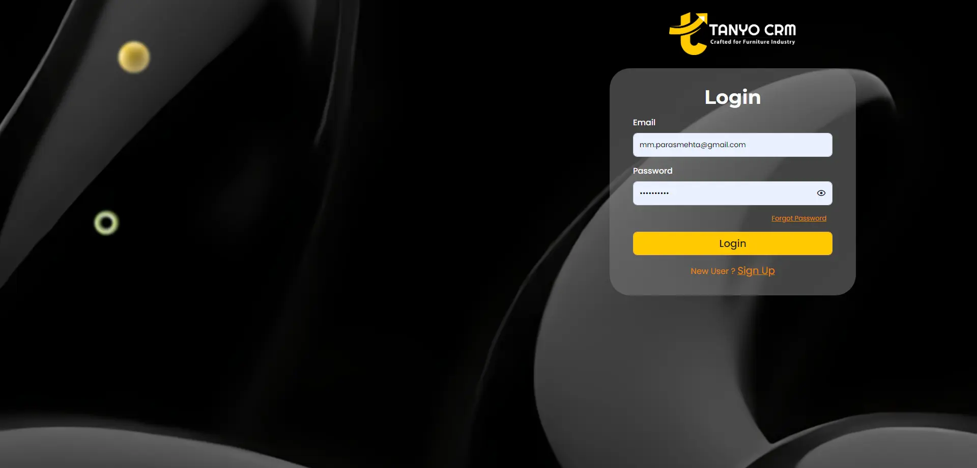 A login screen for Tanyo CRM with input fields for email and password and buttons for login, forgot password, and sign up. On the left side, there is a green couch with abstract shapes in the background on a black and green gradient.