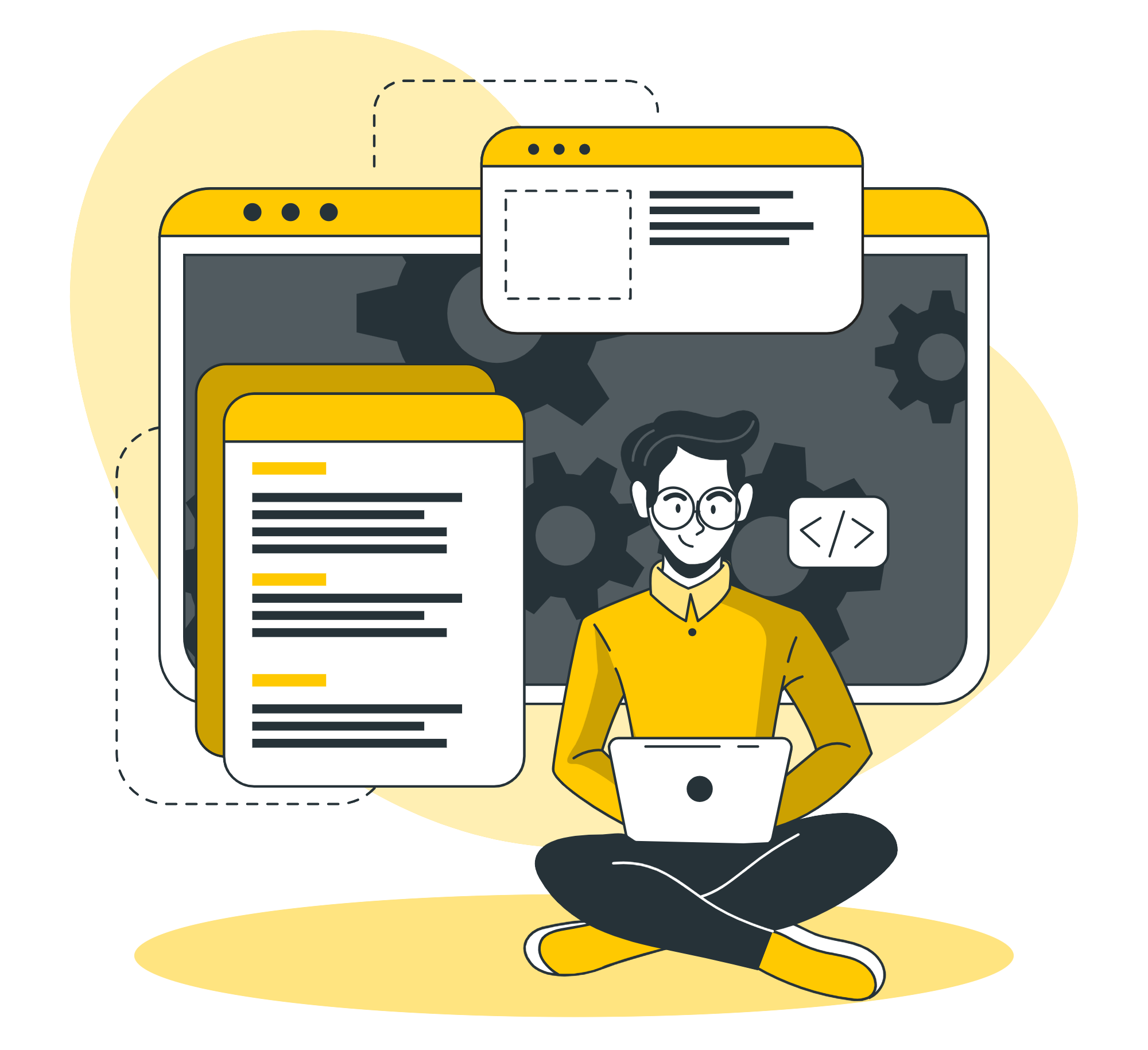 Illustration of a young man with glasses, seated cross-legged and using a laptop, surrounded by oversized symbols of web development such as floating interface windows, code brackets, and gears, in a monochrome yellow and gray color scheme define seamles integration in the Tanyo CRM webiste.